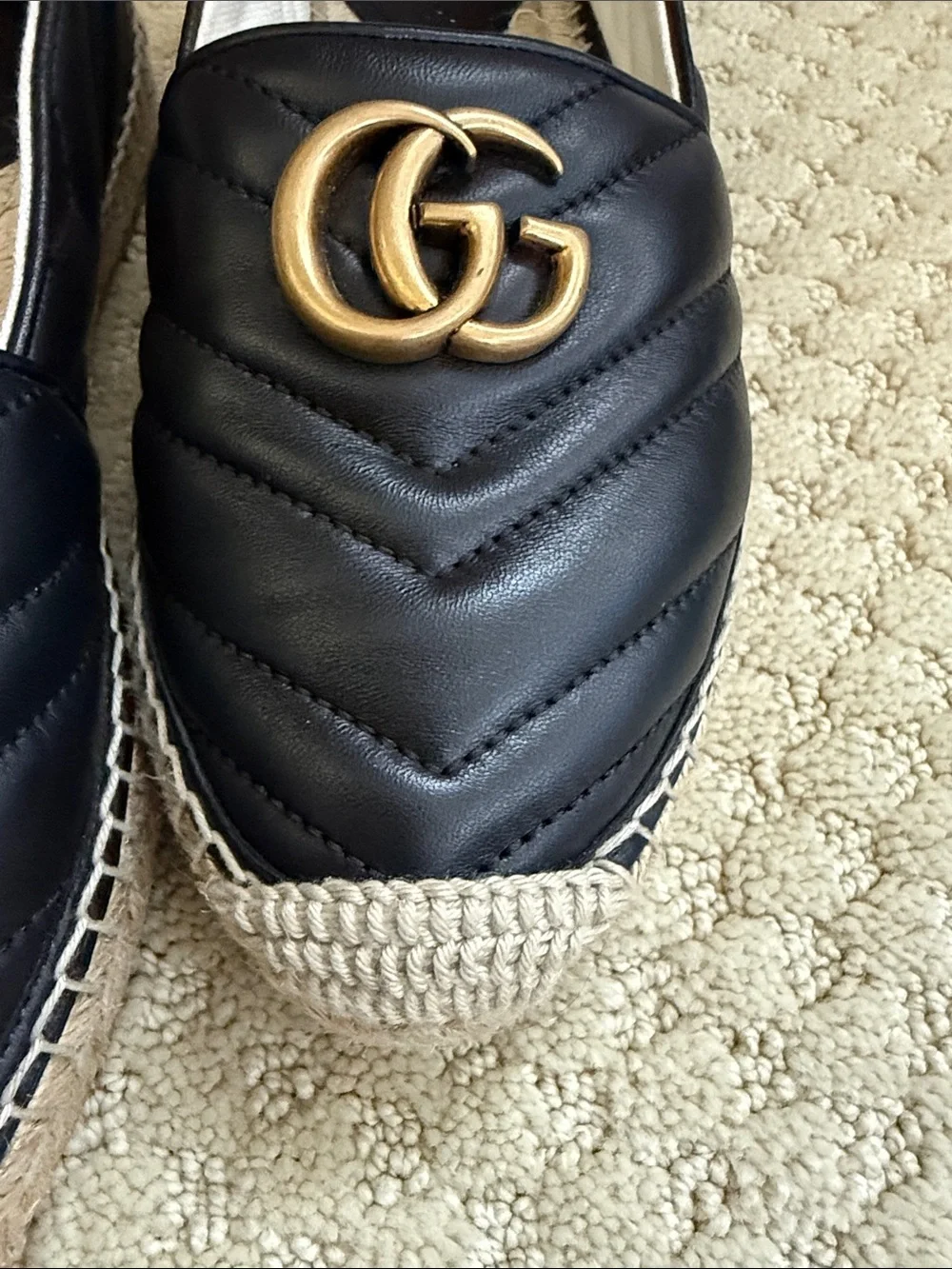 Gucci Black Quilted Leather Espadrilles with Gold Double G